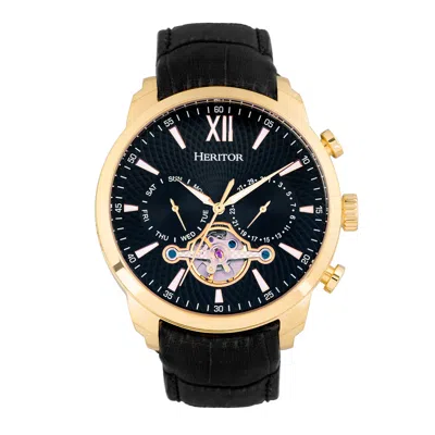 Heritor Automatic Men's Black / Gold Arthur Semi-skeleton Leather-band Watch With Day And Date - Black, Gold In Multi