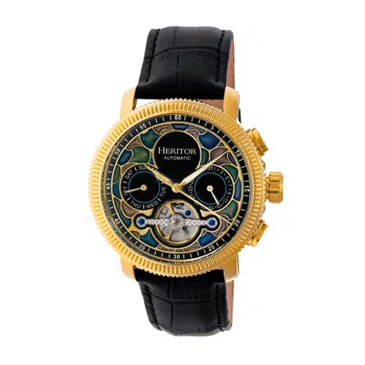 Heritor Automatic Men's Black / Gold Aura Semi-skeleton Leather-band Watch With Day And Date - Black, Gold