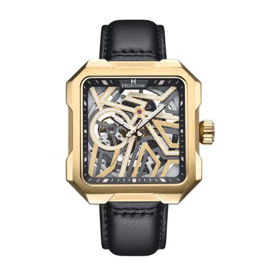 Heritor Automatic Men's Black / Gold Campbell Leather-band Skeleton Watch - Black, Gold