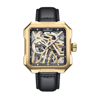 Heritor Automatic Men's Black / Gold Campbell Leather-band Skeleton Watch - Black, Gold In Multi