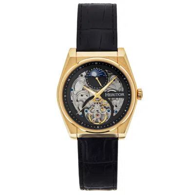 Heritor Automatic Men's Black / Gold Daxton Leather-band Skeleton Watch With Moon Phase - Black, Gold In Gray