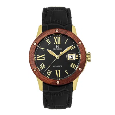 Heritor Automatic Men's Black / Gold Everest Wooden-bezel Leather-band Watch With Magnified Date - Black, Gold