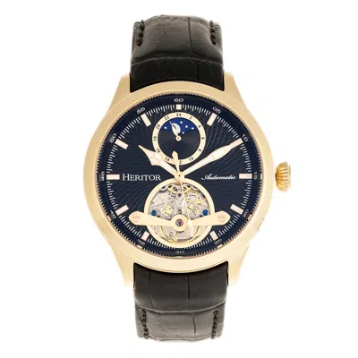 Heritor Automatic Men's Black / Gold Gregory Semi-skeleton Leather-band Watch With Moon Phase - Black, Gold