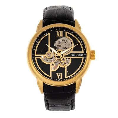 Heritor Automatic Men's Black / Gold Sanford Semi-skeleton Leather-band Watch - Black, Gold In Gray