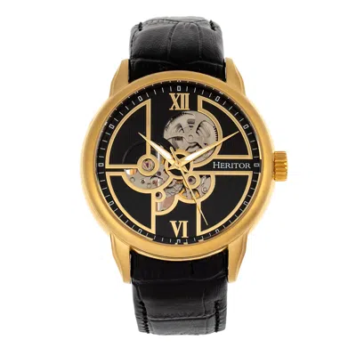 Heritor Automatic Men's Black / Gold Sanford Semi-skeleton Leather-band Watch - Black, Gold In Multi