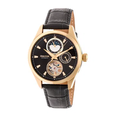 Heritor Automatic Men's Black / Gold Sebastian Semi-skeleton Leather-band Watch With Date And Moon Phase - Black, Gold