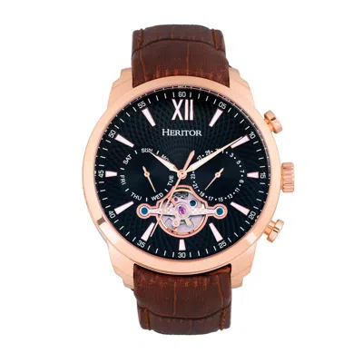 Heritor Automatic Men's Black / Rose Gold Arthur Semi-skeleton Leather-band Watch With Day And Date - Black, Rose Gold In Black/rose Gold