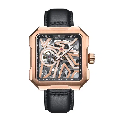 Heritor Automatic Men's Black / Rose Gold Campbell Leather-band Skeleton Watch - Black, Rose Gold