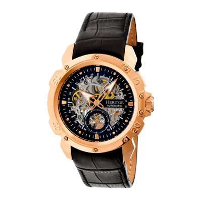 Heritor Automatic Men's Black / Rose Gold Conrad Leather-band Skeleton Watch With Seconds Sub-dial - Black, Rose Gold