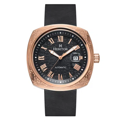 HERITOR AUTOMATIC MEN'S BLACK / ROSE GOLD DAVENPORT ENGRAVED-CASE LEATHER-BAND WATCH WITH DATE - BLACK, ROSE GOLD