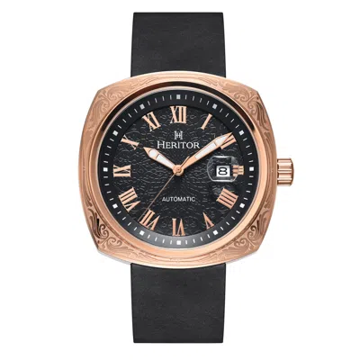 Heritor Automatic Men's Black / Rose Gold Davenport Engraved-case Leather-band Watch With Date - Black, Rose Gold