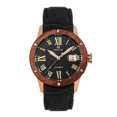 Heritor Automatic Men's Black / Rose Gold Everest Wooden-bezel Leather-band Watch With Magnified Date - Black, Rose Go