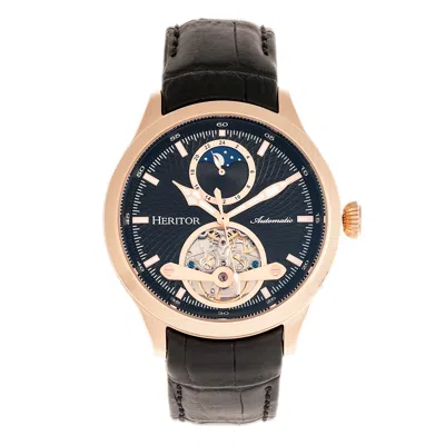Heritor Automatic Men's Black / Rose Gold Gregory Semi-skeleton Leather-band Watch With Moon Phase - Black, Rose Gold In Gray