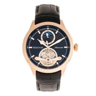 HERITOR AUTOMATIC MEN'S BLACK / ROSE GOLD GREGORY SEMI-SKELETON LEATHER-BAND WATCH WITH MOON PHASE - BLACK, ROSE GOLD