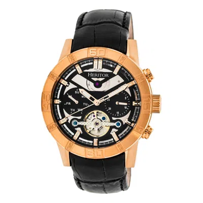 Heritor Automatic Men's Black / Rose Gold Hannibal Semi-skeleton Leather-band Watch With Day And Date - Black, Rose Go