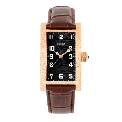 Heritor Automatic Men's Black / Rose Gold Jefferson Engraved-case Leather-band Watch - Black, Rose Gold In Brown