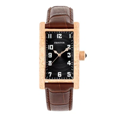 Heritor Automatic Men's Black / Rose Gold Jefferson Engraved-case Leather-band Watch - Black, Rose Gold In Black/rose Gold