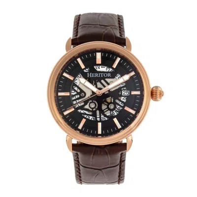 Heritor Automatic Men's Black / Rose Gold Mattias Semi-skeleton Leather-band Watch With Date - Black, Rose Gold In Brown