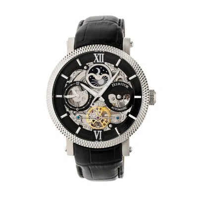 Heritor Automatic Men's Black / Silver Aries Leather-band Skeleton Watch With Moon Phase - Black, Silver In Gray