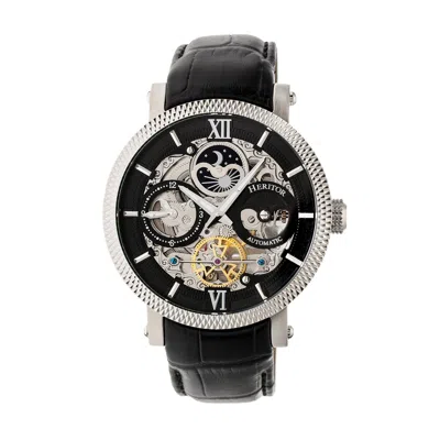 Heritor Automatic Men's Black / Silver Aries Leather-band Skeleton Watch With Moon Phase - Black, Silver In Black/silver