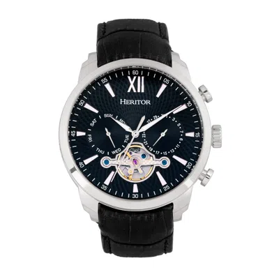 Heritor Automatic Men's Black / Silver Arthur Semi-skeleton Leather-band Watch With Day And Date - Black, Silver In Gray
