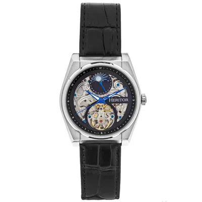 Heritor Automatic Men's Black / Silver Daxton Leather-band Skeleton Watch With Moon Phase - Black, Silver