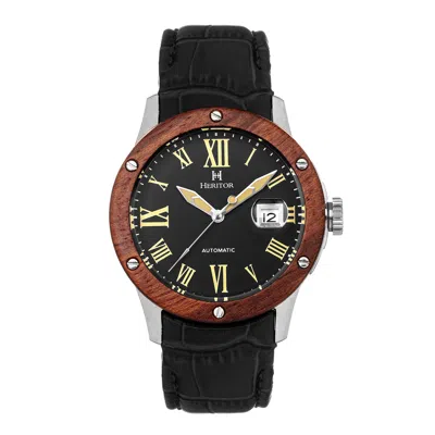 Heritor Automatic Men's Black / Silver Everest Wooden-bezel Leather-band Watch With Magnified Date - Black, Silver In Gold