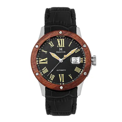 Heritor Automatic Men's Black / Silver Everest Wooden-bezel Leather-band Watch With Magnified Date - Black, Silver In Black/silver