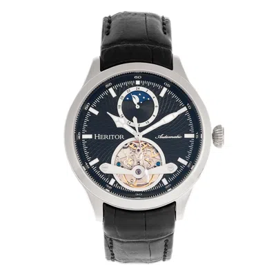 Heritor Automatic Men's Black / Silver Gregory Semi-skeleton Leather-band Watch With Moon Phase - Black, Silver