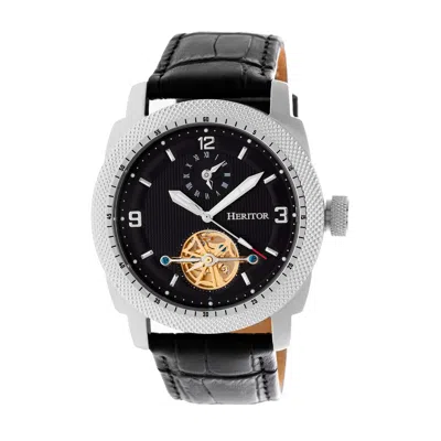 Heritor Automatic Men's Black / Silver Helmsley Semi-skeleton Leather-band Watch - Black, Silver In Multi