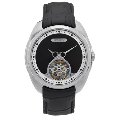 Heritor Automatic Men's Black / Silver Roman Semi-skeleton Leather-band Watch - Black, Silver In Black/silver