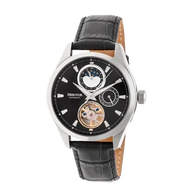 Heritor Automatic Men's Black / Silver Sebastian Semi-skeleton Leather-band Watch With Date And Moon Phase - Black, Si In Multi