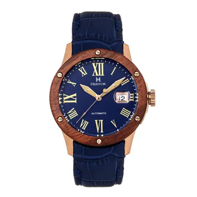 Heritor Automatic Men's Blue / Rose Gold Everest Wooden-bezel Leather-band Watch With Magnified Date - Blue, Rose Gold In Brown