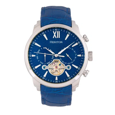 Heritor Automatic Men's Blue / Silver Arthur Semi-skeleton Leather-band Watch With Day And Date - Blue, Silver In Multi