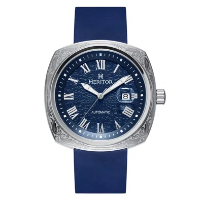 HERITOR AUTOMATIC MEN'S BLUE / SILVER DAVENPORT ENGRAVED-CASE LEATHER-BAND WATCH WITH DATE - BLUE, SILVER
