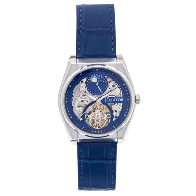 Heritor Automatic Men's Blue / Silver Daxton Leather-band Skeleton Watch With Moon Phase - Blue, Silver In Multi