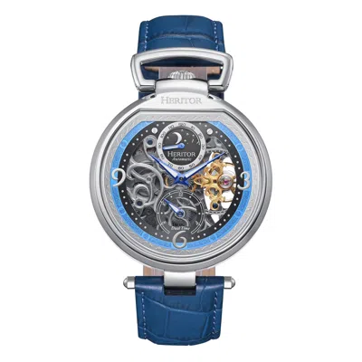 Heritor Automatic Men's Blue / Silver Lincoln Leather-band Skeleton Watch With Dual Time And Moon Phase - Blue, Silver