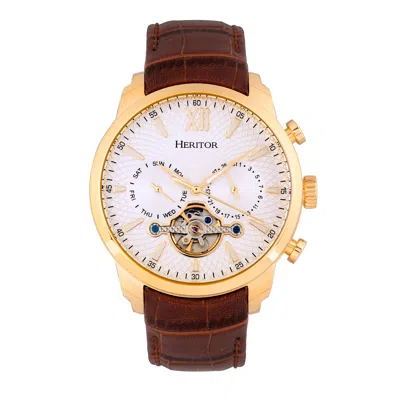 Heritor Automatic Men's Brown / Gold Arthur Semi-skeleton Leather-band Watch With Day And Date - Brown, Gold