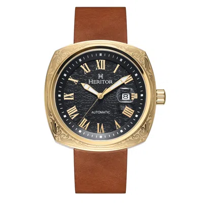 Heritor Automatic Men's Brown / Gold Davenport Engraved-case Leather-band Watch With Date - Brown, Gold