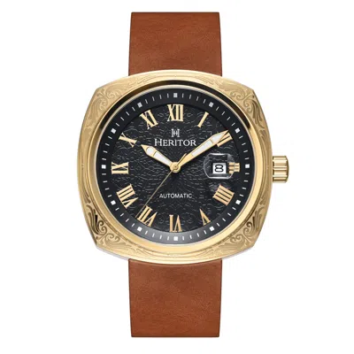 Heritor Automatic Men's Brown / Gold Davenport Engraved-case Leather-band Watch With Date - Brown, Gold In Multi