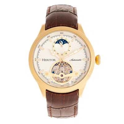 Heritor Automatic Men's Brown / Gold Gregory Semi-skeleton Leather-band Watch With Moon Phase - Brown, Gold