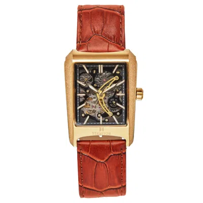 Heritor Automatic Men's Brown / Gold Wyatt Leather-band Skeleton Watch - Brown, Gold