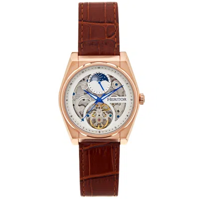 Heritor Automatic Men's Brown / Rose Gold Daxton Leather-band Skeleton Watch With Moon Phase - Brown, Rose Gold In Gray