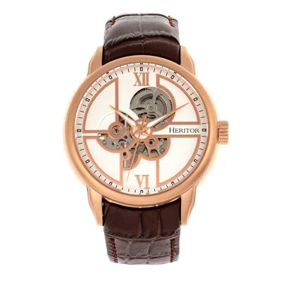 Heritor Automatic Men's Brown / Rose Gold Sanford Semi-skeleton Leather-band Watch - Brown, Rose Gold In Burgundy