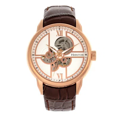 Heritor Automatic Men's Brown / Rose Gold Sanford Semi-skeleton Leather-band Watch - Brown, Rose Gold In Multi