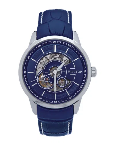Heritor Automatic Davies Semi-skeleton Leather Band Watch In Silver/navy