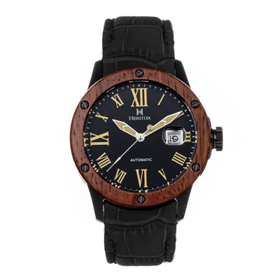 Heritor Automatic Men's Everest Wooden-bezel Leather-band Watch With Magnified Date - Black