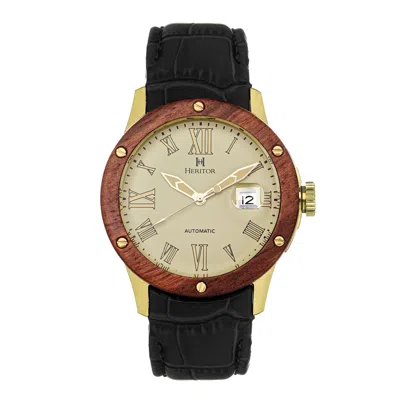 Heritor Automatic Men's Everest Wooden-bezel Leather-band Watch With Magnified Date - Gold