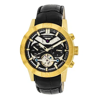 Heritor Automatic Men's Gold / Black Hannibal Semi-skeleton Leather-band Watch With Day And Date - Black, Gold In Gray