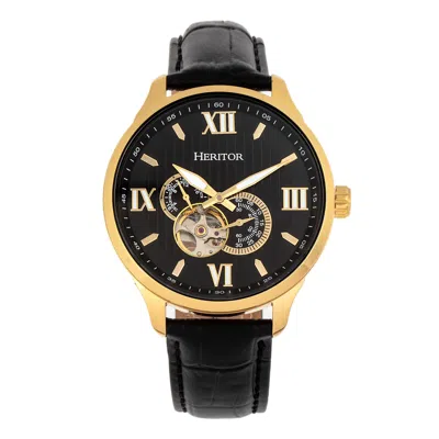 Heritor Automatic Men's Gold / Black Harding Semi-skeleton Leather-band Watch With 24-hour Sub-dial - Black, Gold
